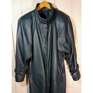Vintage lambskin leather forest green trench coat longline jacket 1980s M L